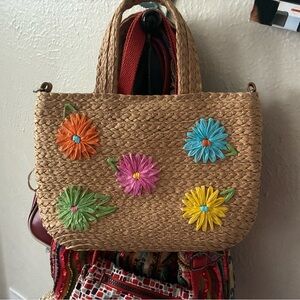 Floral Embroidered Straw Tote Bag